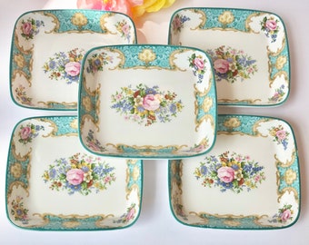 RARE 5pcs Royal Albert Lady Ascot ENGLAND Green Trim Trays Candy Sweet Meat Dish Ornate Collectors Rare Fancy Serveware Nuts Snack Wedding