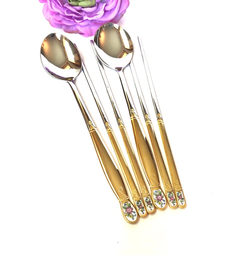 Vintage Mid Century Gold Plated Spoon and Chopsticks Collection New in the Box Enameled Flower Design Flatware Fancy Tableware Ornate Golden