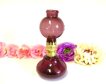 Vtg Purple Amethyst Miniature Oil Kerosene Lamp Chimney EAPG Glass Home Decor Gifts For Her Hurricane Star Pattern 1970s