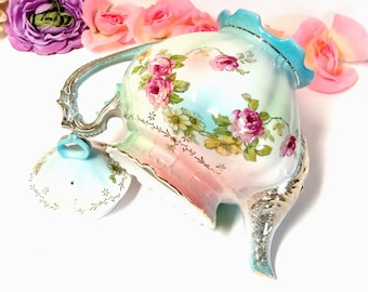 Lovely Norcrest Hand Painted Blue Turquoise Teapot Pink Roses Yellow Flowers Gold Accents Brushed Ornate Tea Party Japan Fancy Coffee Pot
