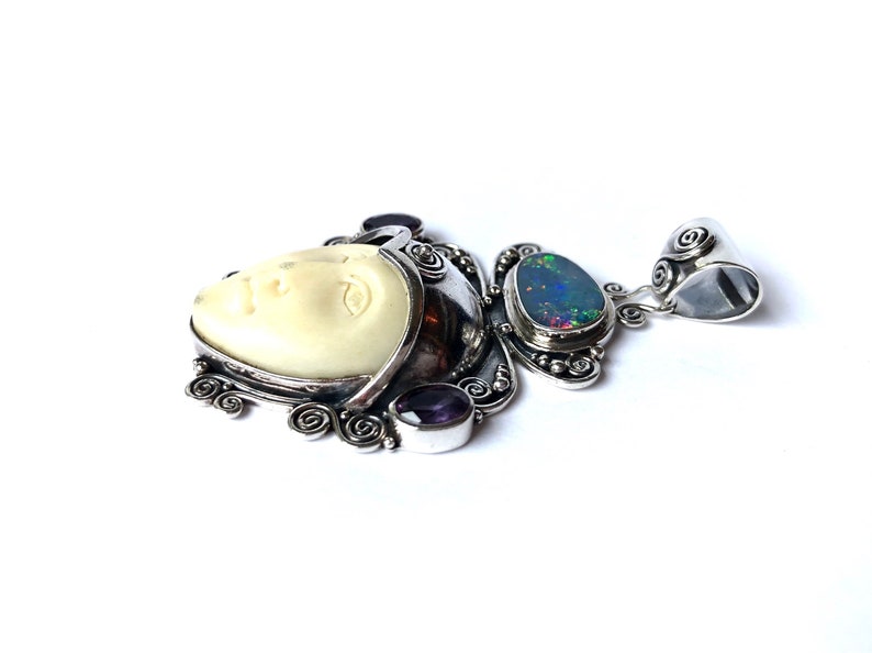 Vintage Sterling Silver Sajen Opal Amethyst Carved White Stone Inlay Insert Goddess Pendant Mystical Boho Gothic Elegant