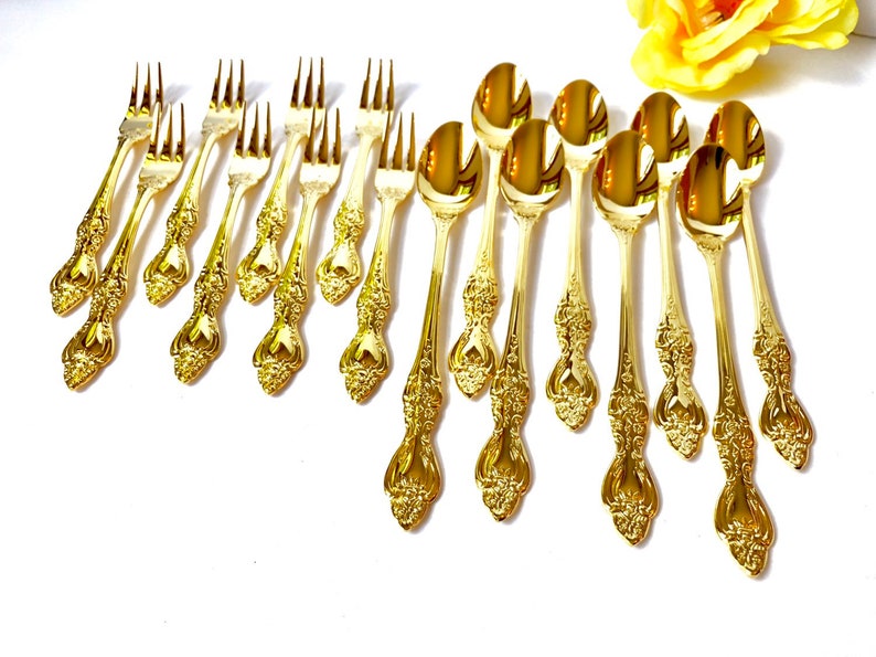 NEW 16pcs Vintage Ornate Gold Plated Seafood Oyster Lobster Cocktail Fork Parfait Iced Ice Tea Spoon Teaspoon Flowers Royal Garden