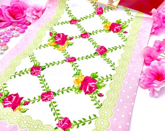 ¡MUY BIEN! Match Royal Albert New Old Country Roses Table Runner Mantel Paño Algodón Poliéster Rosa Enrejado Patrón Descarado Rosa Confeti Rosa