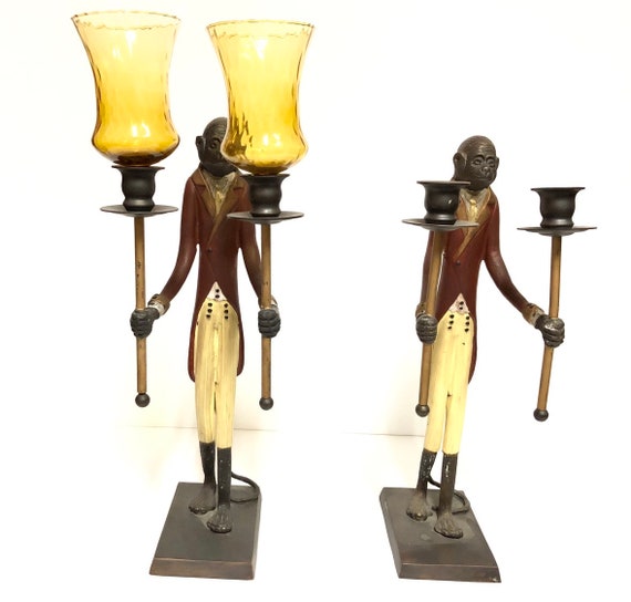 Pair Vintage Polychromatic Bronze Brass Large 16 3 4 Monkey Butler