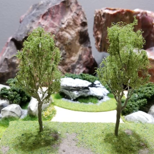 2 (3") Miniature Trees, Green Mountain Gum Tree, Terrarium Craft Tree, Fairy Garden, Diorama, Artificial Tree