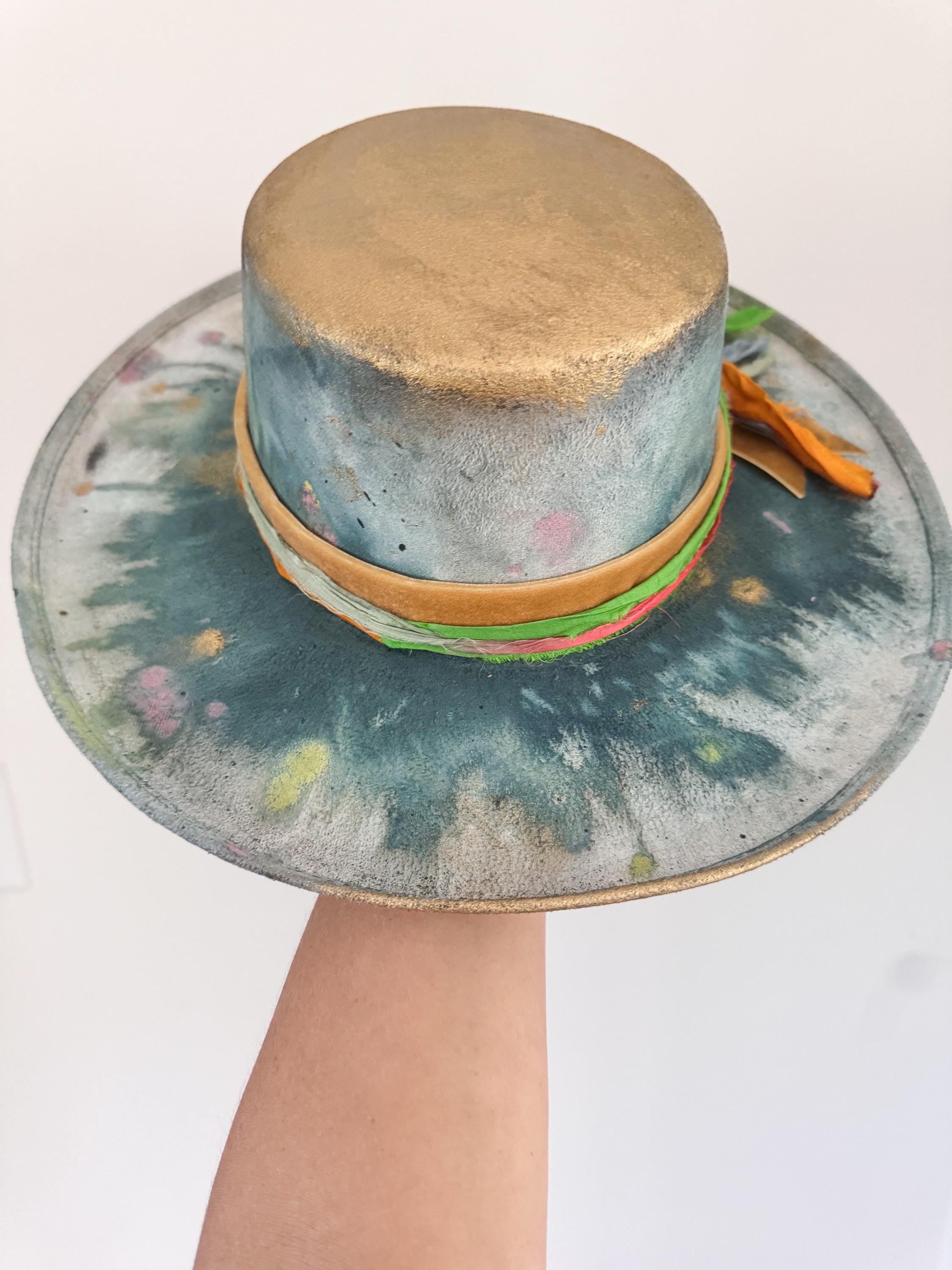 Hand-painted Vegan Suede Boater Hat |  display picture 2