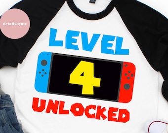 Level 4 Unlocked svg 4th Birthday Boy Four Years Old Gamer Funny Kids Computer Video Game Svg PNG Eps, cut files, Cricut Silhouette Cameo