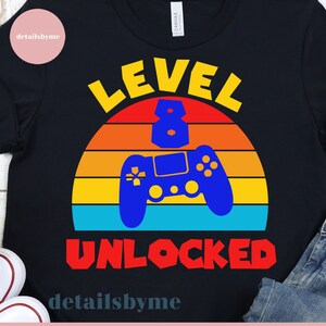 Livello 8 Svg sbloccato, 8th Birthday Boy Gamer, 8 anni Old Gamer T-shirt, Video Game Controller, Joystick Png, Sublimation Cricut Silhouette