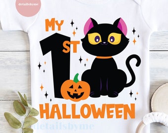 My 1st Halloween Svg, Cute Black Cat Svg, Girl Halloween Svg Dxf Eps Png, Cat With Pumpkin Svg, Baby Svg, Kids Cut Files, Silhouette, Cricut