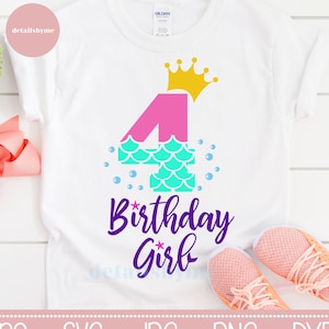 4. urodziny syrenka Svg, syrenka urodziny dziewczyna Svg, urodziny dziewczyna Svg, dziewczynka Svg, księżniczka Svg, Clipart, Cricut, sylwetka
