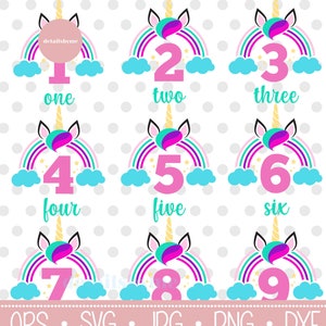 Unicorn Verjaardagsbundel, 1 tot 9 jaar oud, Birthday Girl, Birthday svg, Unicorn Birthday Party, Cutting files Silhouette Studio, Cricut