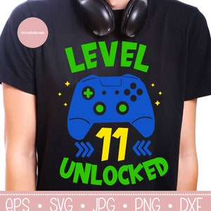 Nível 11 desbloqueado svg 11º aniversário Gamer 11 anos de idade Controle de videogame Joystick para criança menino menina Png eps svg Cricut Silhouette