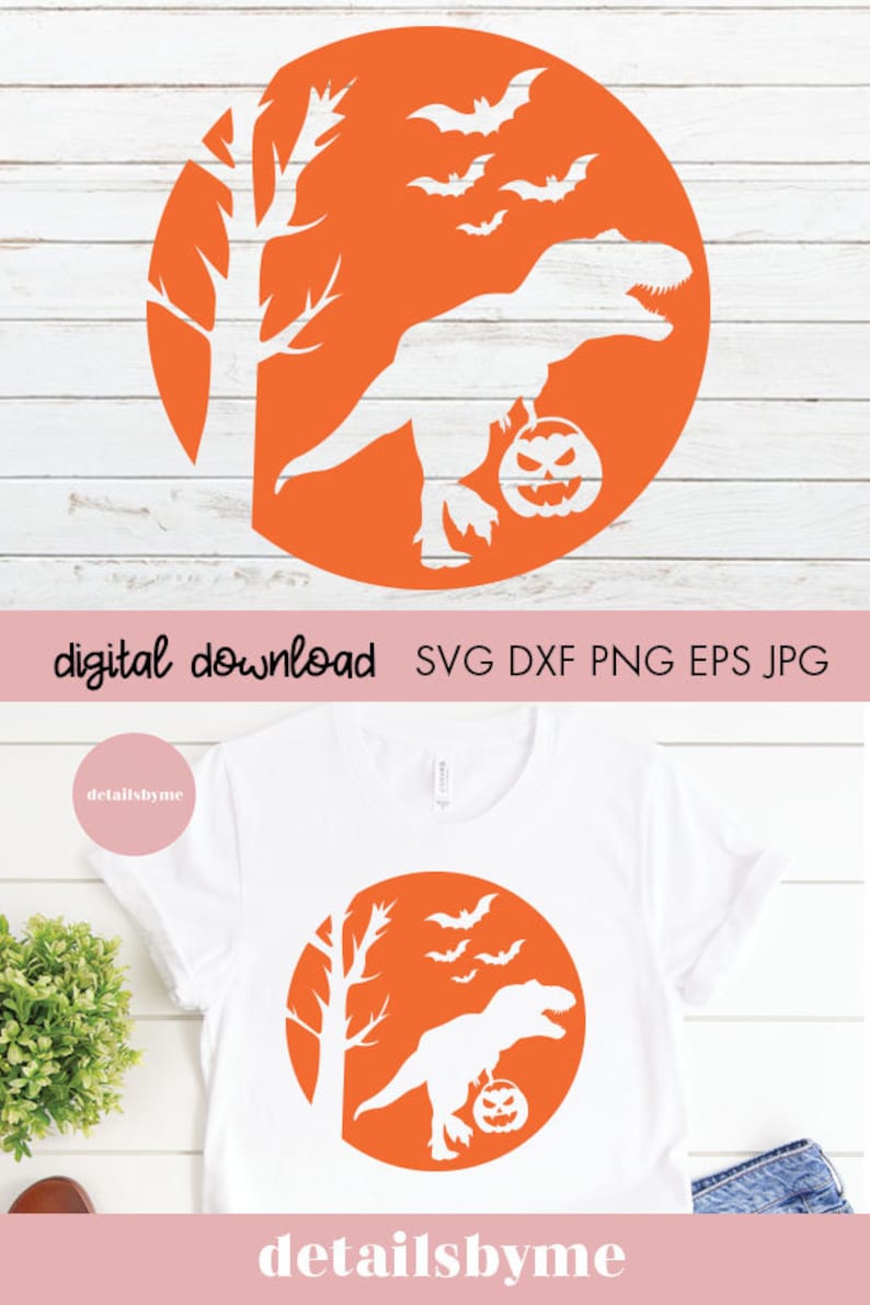 May include: A white silhouette of a dinosaur holding a jack-o'-lantern in front of a tree and bats against an orange circle. The text "digital download SVG DXF PNG EPS JPG" is below the circle.