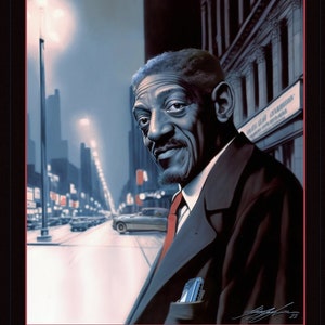 Può includere: Illustrazione di un uomo in giacca e cravatta, sorridente, con una strada cittadina sullo sfondo. L'opera è incorniciata con un bordo nero e un bordo interno rosso. Il numero romano "II" è in basso.