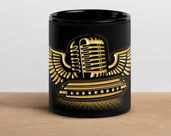 Harmonica Players black mug with winged gold microphone