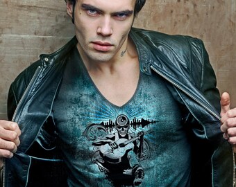 Skull Guitar T-shirt: muziekfestival T-shirt met V-hals