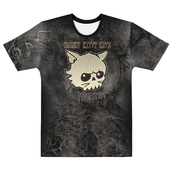 Kranky Kitty T-shirt met mondharmonicakat: Grumpy Skull Kat T