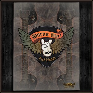 May include: A framed print featuring a guitar-themed design. The central graphic is a black and white skull making a rock and roll hand gesture, with the words "Horns Up!" and "Pick Heads". The background has a guitar pattern.