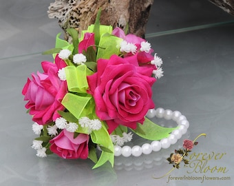 Hot Pink Wrist Corsage / Fuchsia Wrist Corsage / Hot Pink Rose Wrist Corsage / Fuchsia Rose Wrist Corsage / Prom  Wrist Corsage / Corsage