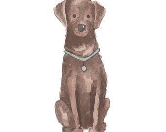 May include: A watercolor painting of a brown Labrador Retriever sitting with a blue collar and a silver tag.