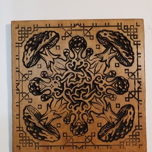 Project Woden &quot;ToadStool&quot; Wood Carving - Mushroom - Mycelium - Fungus - Fungi - Altar Top - Pagan - Sacred Mandala - Wall decor - Engraving