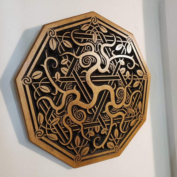 Yggdrasil inspired Wood Carving - Tree of Life - World Tree - Nine Realms - Altar Top - Pagan - Sacred Mandala - Wall decor - Engraving