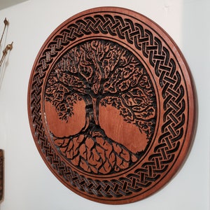 Tree of Life Inspired Wood Carving with Alternate Border Celtic Knot Wall Art Altar Top Fantasy Pagan Nature Home Decor image 1