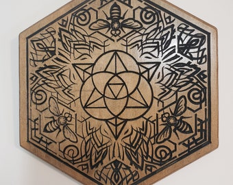 Project Woden "Nectar Inverse" Wood Carving - Bees - Honey - Hexagon - Altar Top - Pagan - Sacred Mandala - Wall décor - Engraving