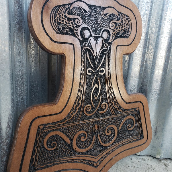 Thor's Hammer Raven Head Mjolnir Wood Carving - Sacred Norse Hammer - Causal home decor or altar top - Celtic Pagan Heathen Viking art