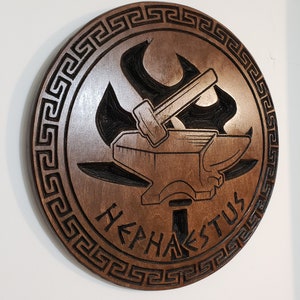 Hephaestus Wood Godity Plaque - Vulcan - Aambeeld en Hamer - Gesneden - Altaar - Paganistisch - Helleens - Smid