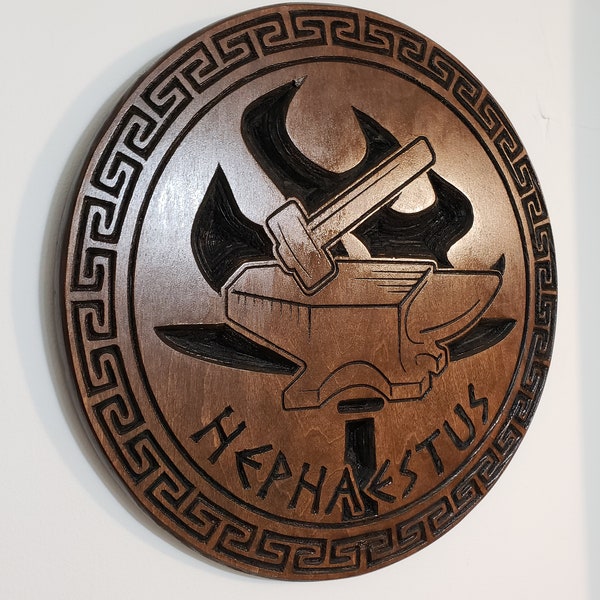 Hephaestus Wood Deity Plaque - Vulcan - Anvil and Hammer - Carved - Altar - Pagan - Hellenic - Blacksmith