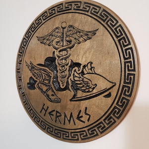 Hermes Wood Deity Plaque - Mercury - Caduceus - Carved - Altar - Pagan - Hellenic