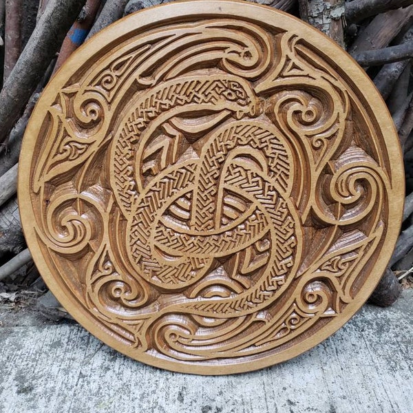 Project Woden "Oroboros" Wood Carving - Snake - Alchemy - Transformation - Altar Top - Pagan - Sacred Mandala - Wall decor - Engraving