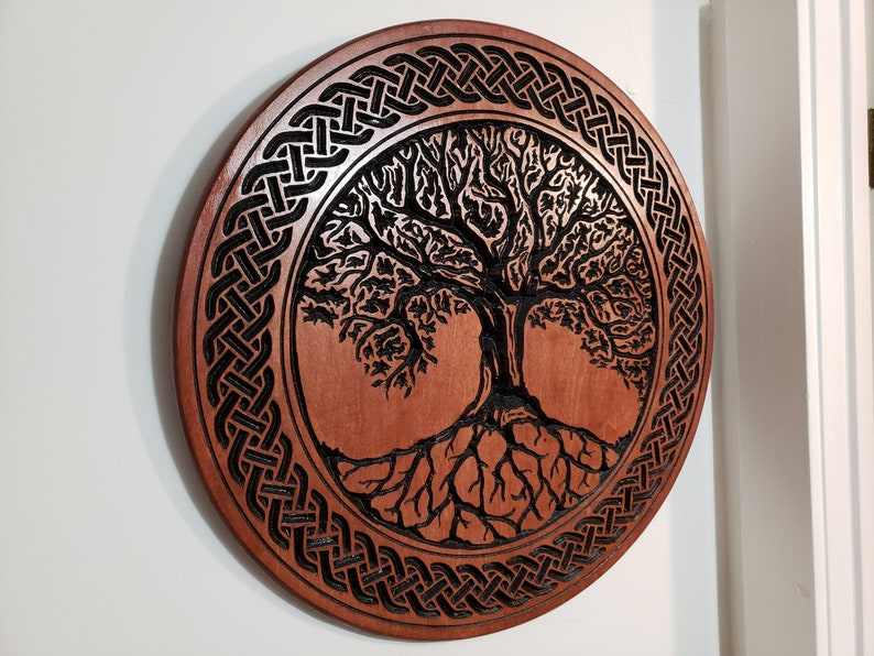 Tree of Life Inspired Wood Carving with Alternate Border Celtic Knot Wall Art Altar Top Fantasy Pagan Nature Home Decor image 3