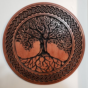 Tree of Life Inspired Wood Carving with Alternate Border Celtic Knot Wall Art Altar Top Fantasy Pagan Nature Home Decor image 2