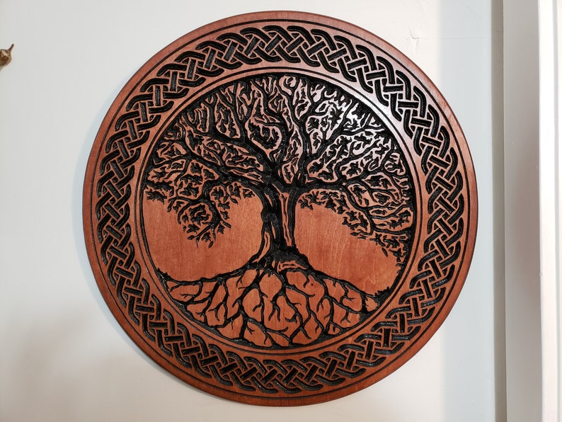 Tree of Life Inspired Wood Carving with Alternate Border Celtic Knot Wall Art Altar Top Fantasy Pagan Nature Home Decor image 2