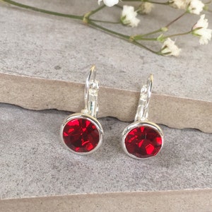 May include: A pair of silver earrings with red crystal stones. The earrings have a lever back closure.
