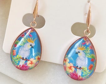 Cockatoo Earrings, Glass Teardrop Earrings, Handmade Earrings, Australian Bird Earrings, Parrot Earrings, Aussie Earrings, Native