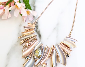 Rose Gold Statement Necklace, Crystal Bib Necklace, Champagne Enamel Necklace, Necklaces For Women, Chunky Metal Necklace, Big Bold Necklace