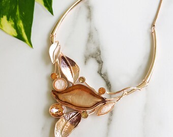 Rose Gold Statement Necklace, Fashion Necklace, Leaf Necklace, Resin Necklace, Necklaces For Women, Gifts For Her, Short Necklace, Bold, Bib