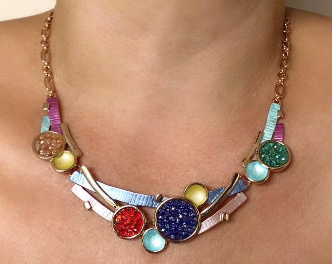 Rose Gold Statement Necklace, Multicolor Necklace, Short Necklace