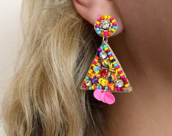 Handmade Seed Bead Dangle Earrings: Multicolour Statement Jewelry