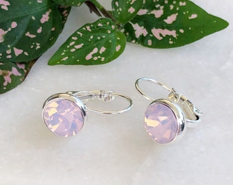 Silver Crystal Earrings, Pale Pink Crystal Earrings, Drop Dangle Earrings, Rose Opal Czech Crystal Earrings, Leverback Earrings,