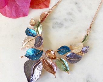 Rose Gold Statement Necklace, Colorful Necklace, Fashion Jewellery, Necklaces For Women, Leaf Necklace, Bib Necklace, Fashion Necklace