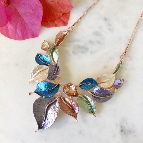 Rose Gold Statement Necklace, Colorful Necklace, Fashion Jewellery, Necklaces For Women, Leaf Necklace, Bib Necklace, Fashion Necklace