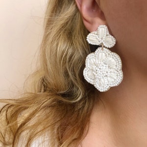 White Statement Earrings, Beaded Flower Earrings, Bead & Raffia Earrings, Drop Dangle Earrings, Chandelier Earrings, Gifts For Her, Bridal image 3