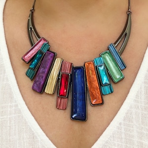 Chunky Statement Necklace, Multicolor Bib Necklace, Resin Jewelry, Gift For Her, Birthday Gift, Resin Crystal Necklace, Colorful Necklace