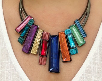 Chunky Statement Necklace, Multicolor Bib Necklace, Resin Jewelry, Gift For Her, Birthday Gift, Resin Crystal Necklace, Colorful Necklace