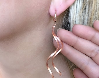 Long Rose Gold Earrings, Rose Gold Earrings Dangle, Earrings For Women, Rose Gold Jewellery, Wedding Jewelry, Wavy Matte Earrings, Gift Idea