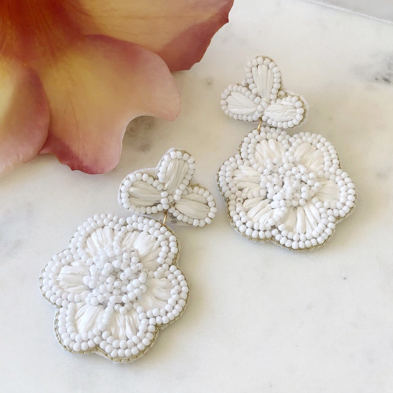 White Statement Earrings, Beaded Flower Earrings, Bead & Raffia Earrings, Drop Dangle Earrings, Chandelier Earrings, Gifts For Her, Bridal image 6